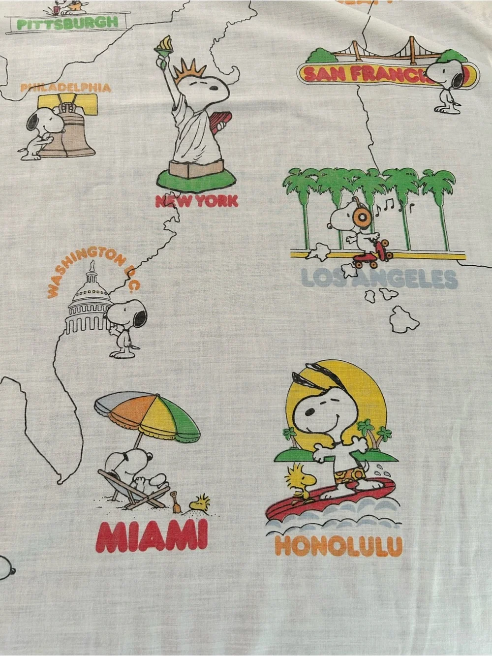 Peanuts ~1970s “See America First” US Cities Vintage Twin Top + Bottom Sheet Set